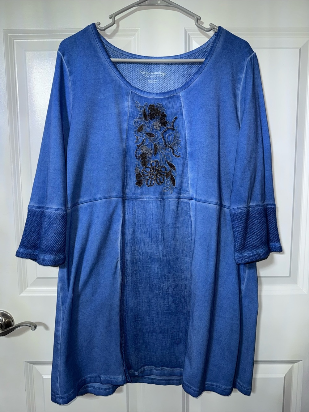 Soft Surroundings Deep Ocean Blue Embroidered Scoop Neck Tunic XL